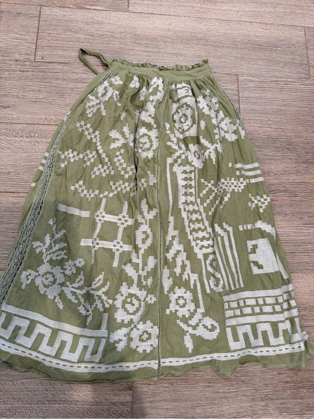 Embroidered Olive Green Midi Skirt with Cream Motif